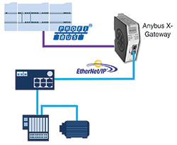 Gateway linking Ethernet/IP I/O devices to an existing Profibus PLC.